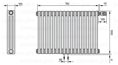 Схема (чертеж) Радиатор Zehnder Charleston 3100/17 №V008 Белый глянцевый RAL 9016